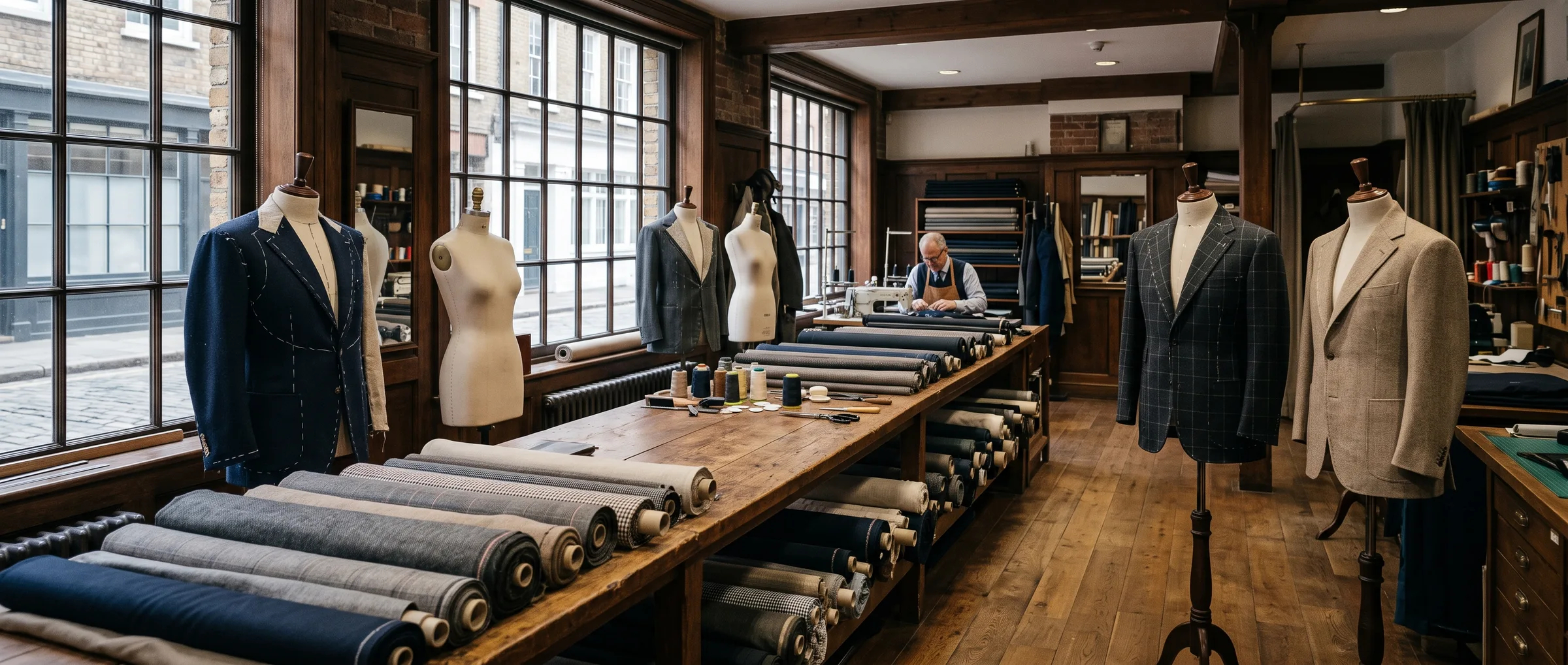 A wide view of a tailoring workshop with cutting tables, garment rails, and bolts of cloth