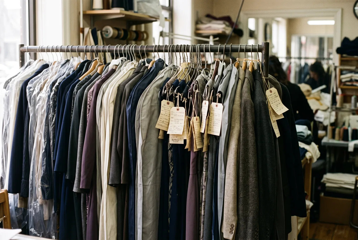 Garments with paper claim tags hanging on a rail in a tailoring shop