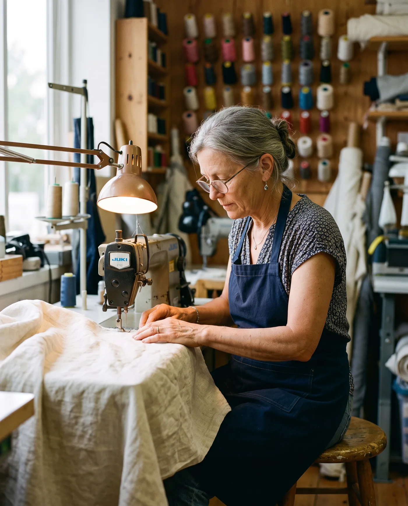 A seamstress working at an industrial sewing machine